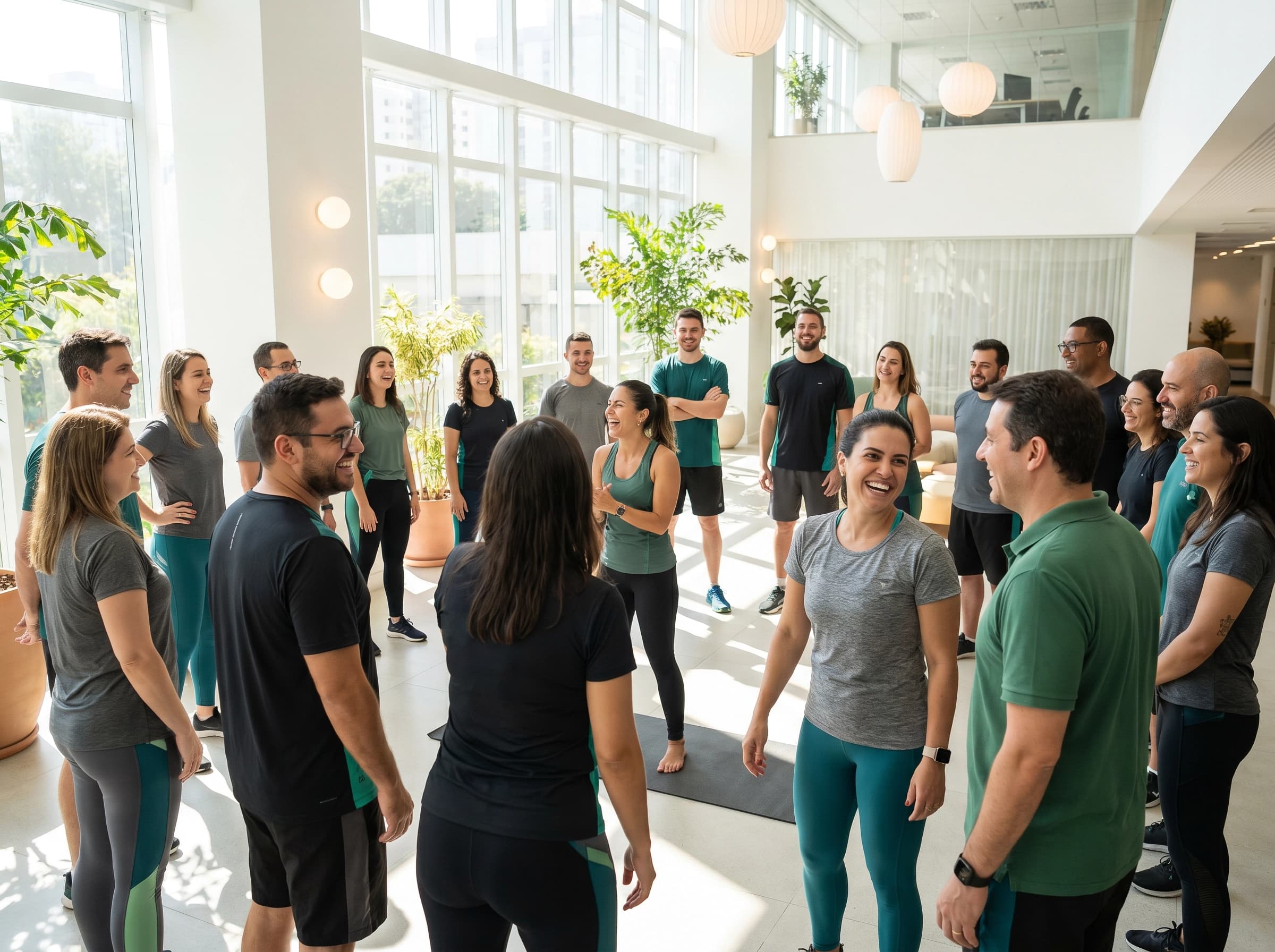 Colaboradores em uma atividade de bem-estar em grupo.