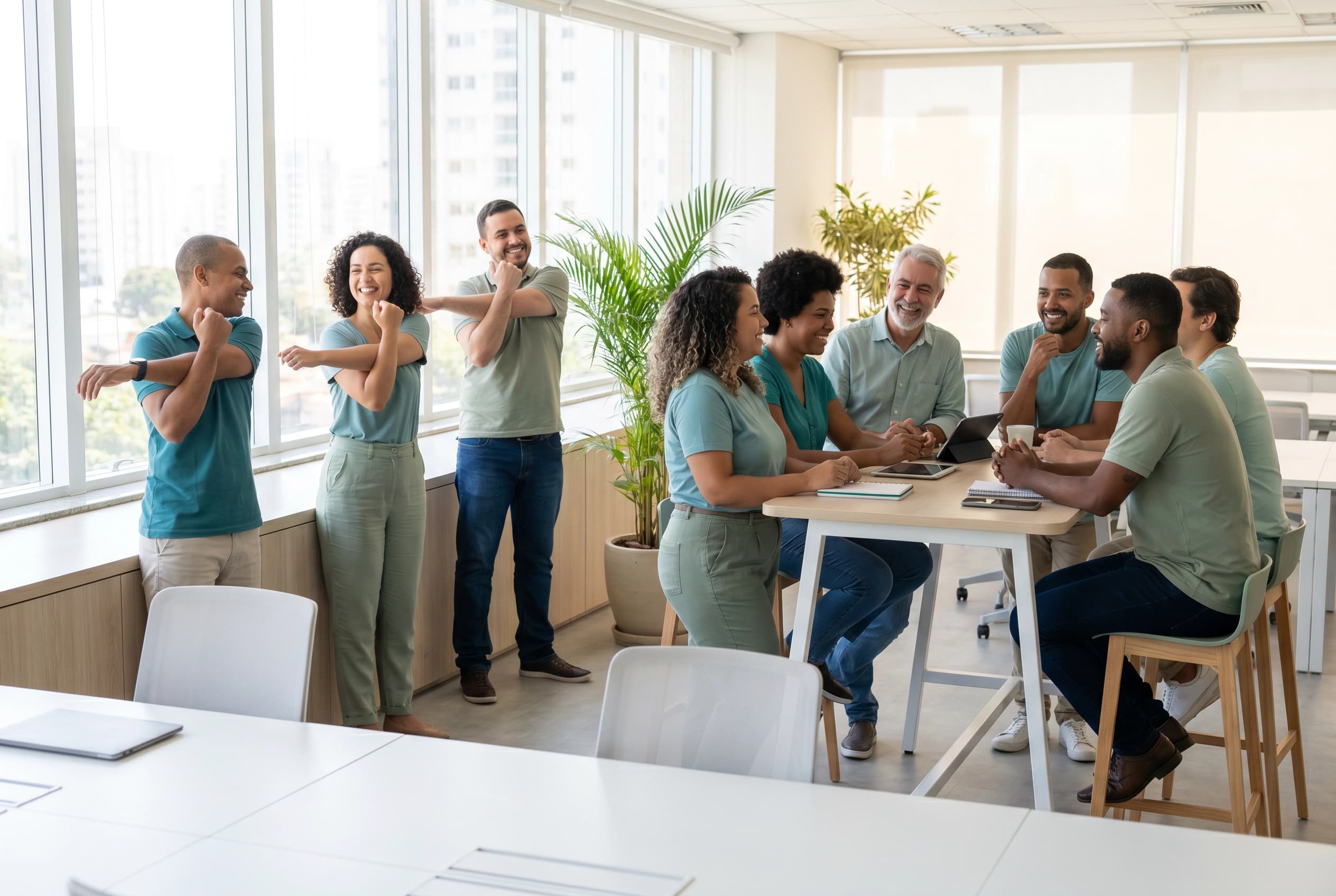 Equipe de escritório diversa e saudável, em um clima corporativo leve.